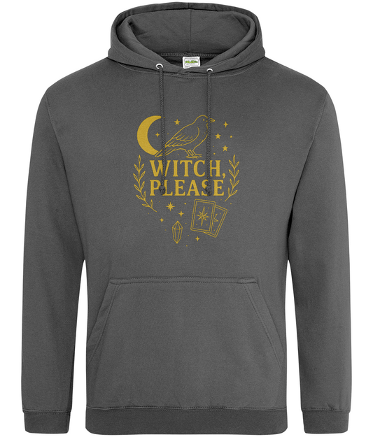 Charcoal hoodie displays gold crow perched above the words "WITCH, PLEASE" amid moon, stars, tarot cards and a crystal on a plain white background.
