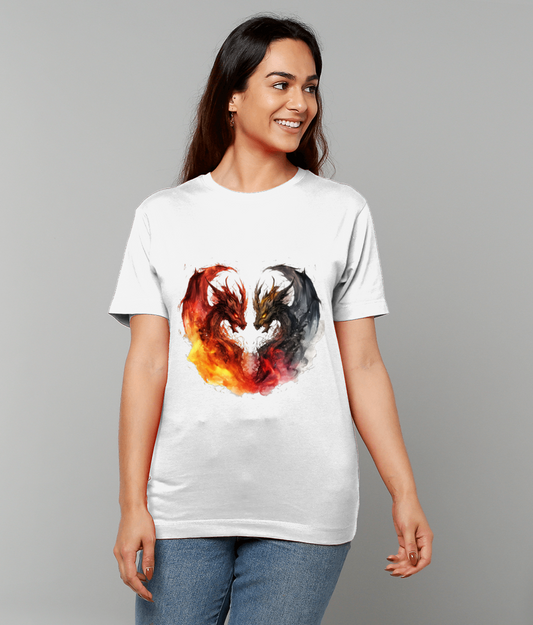 White T-shirt showing two dragon heads, one fiery red-orange and one dark gray, facing each other to form a heart, worn by a smiling person against a plain light-gray background.