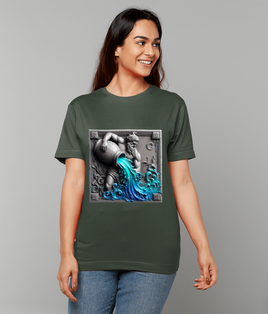 Classical stone figure pours vivid blue water from a jug on a green T-shirt worn by a smiling woman standing against a plain gray background.