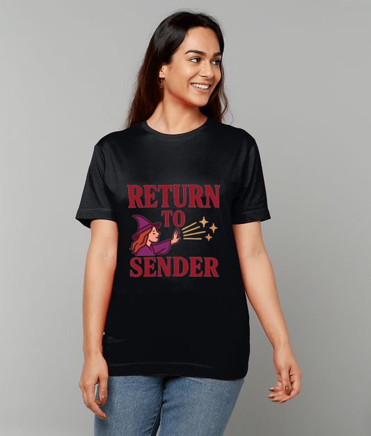 Black T-shirt reads RETURN TO SENDER and shows a purple-hatted witch casting stars; worn by a smiling woman standing against a neutral gray background.