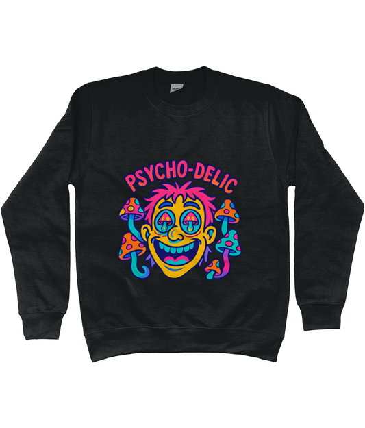 Black sweatshirt displays the text "PSYCHO-DELIC" above a neon cartoon face with wide grin, droopy psychedelic eyes and multicolored mushrooms sprouting around it on a white background.