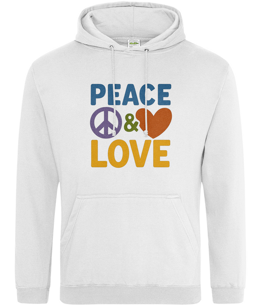 White hoodie shows graphic reading "PEACE & LOVE" with a purple peace symbol, green ampersand and orange heart above yellow LOVE on a plain white background.