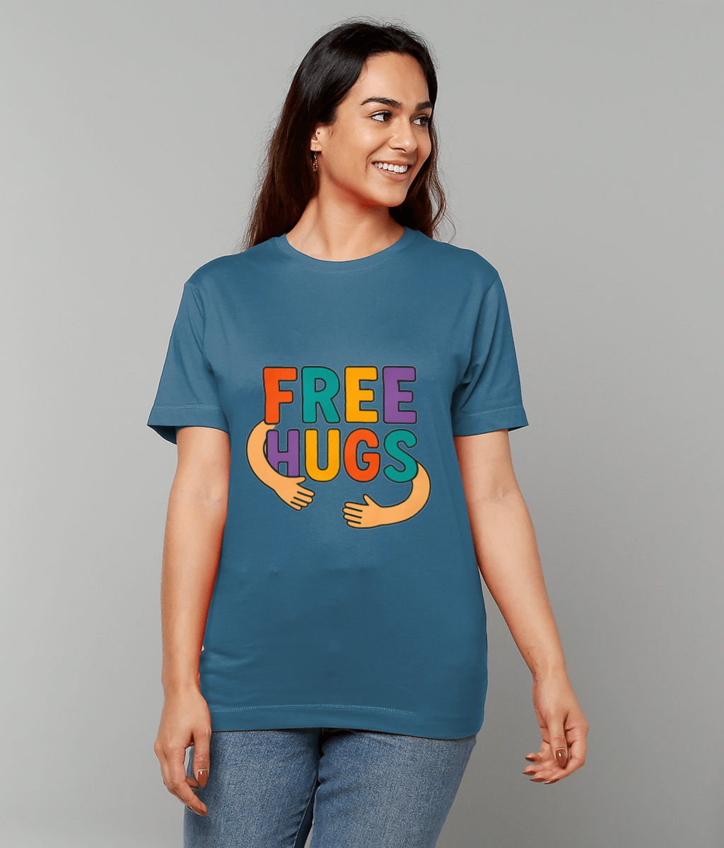 Teal T-shirt reading "FREE HUGS" worn by a smiling woman who looks to the right against a plain light gray background.