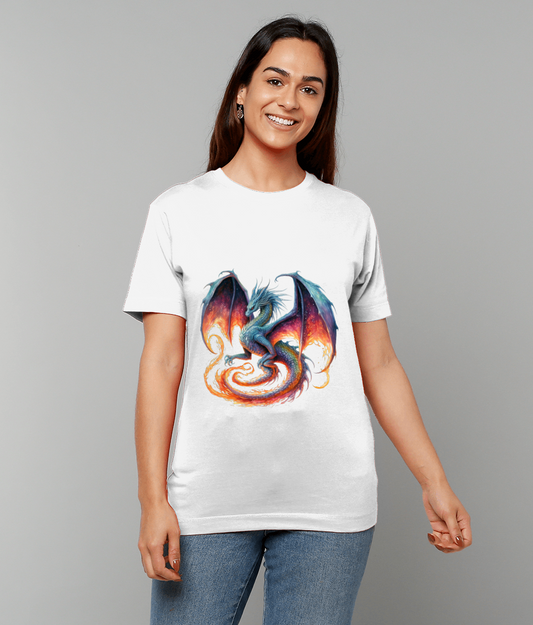 White T-shirt featuring a colorful coiled dragon print worn by a smiling woman standing against a plain gray background with blue jeans.