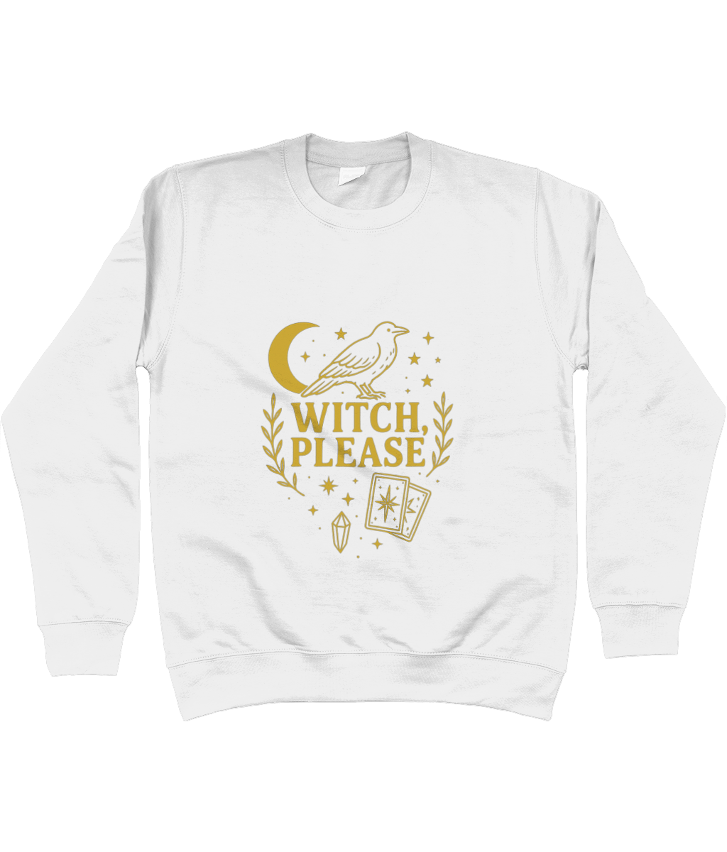 White sweatshirt displays gold bird perched by crescent moon with tarot cards, crystal and stars surrounding phrase 'WITCH, PLEASE' on a plain white background.