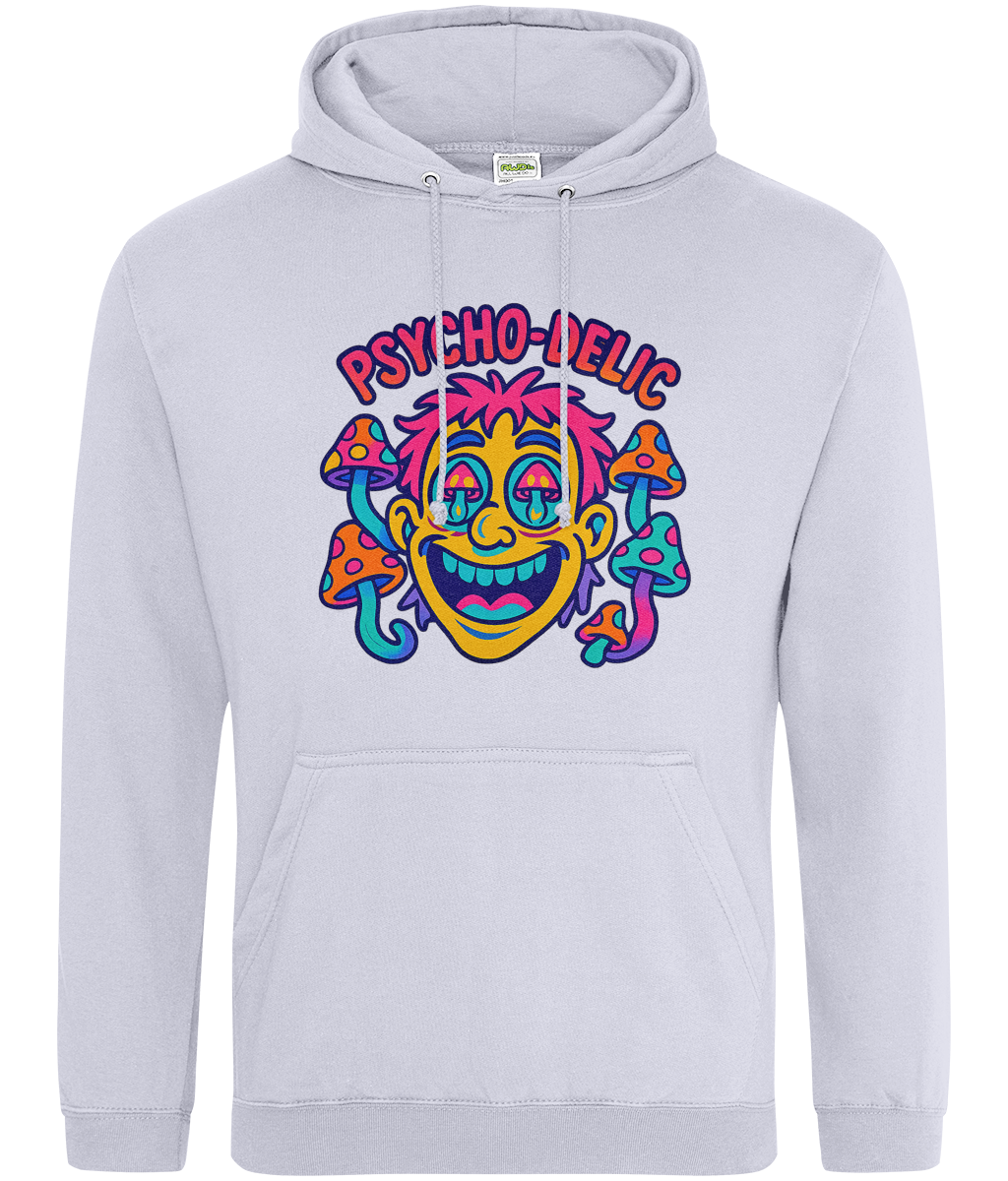Hoodie displays a neon cartoon grinning face surrounded by colorful mushrooms with dripping eyes, labeled PSYCHO-DELIC, on a light gray pullover with drawstrings and a kangaroo pocket.