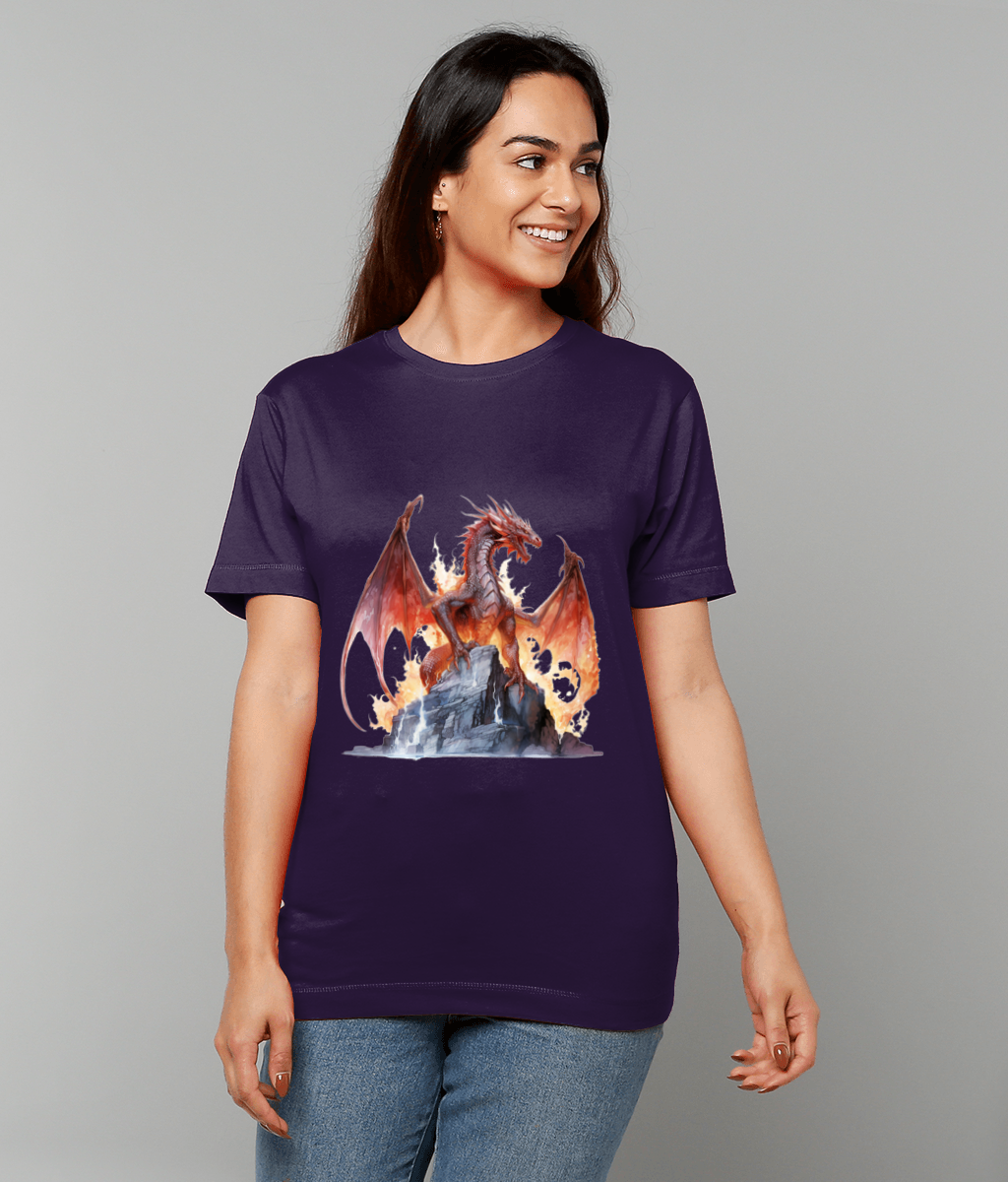 Purple T-shirt displaying a red dragon perched on a rocky outcrop, wings spread and flames bursting around it, worn by a smiling person standing against a neutral gray background.