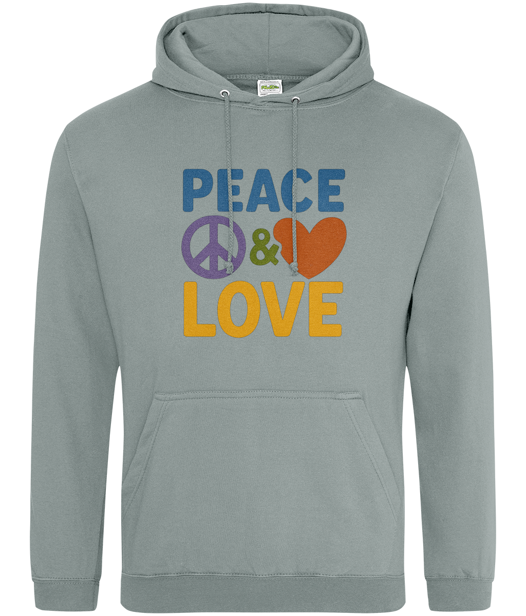 Hoodie displays "PEACE & LOVE" printed across the chest with a purple peace symbol and orange heart between the words on a pale gray garment.