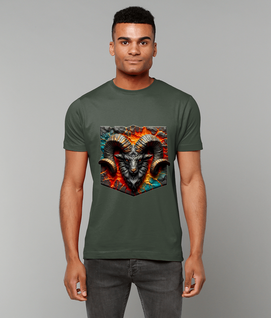 A stylized ram head with curled horns dominates a fiery cracked mosaic printed on a green T-shirt worn by a standing man against a neutral gray background.