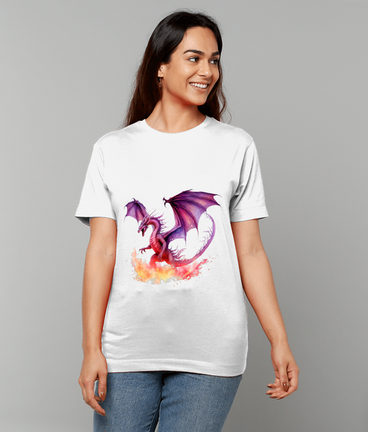 White T-shirt featuring a purple dragon spreading wings above orange red flames, worn by a smiling woman standing against a plain gray background.