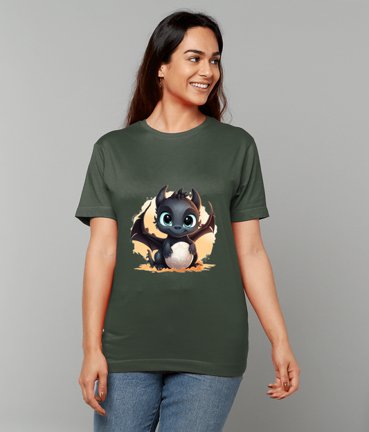 A person wearing a forest-green T-shirt shows a centered cartoon of a small black dragon clutching a speckled egg, smiling beneath soft wings, photographed against a plain light gray background.