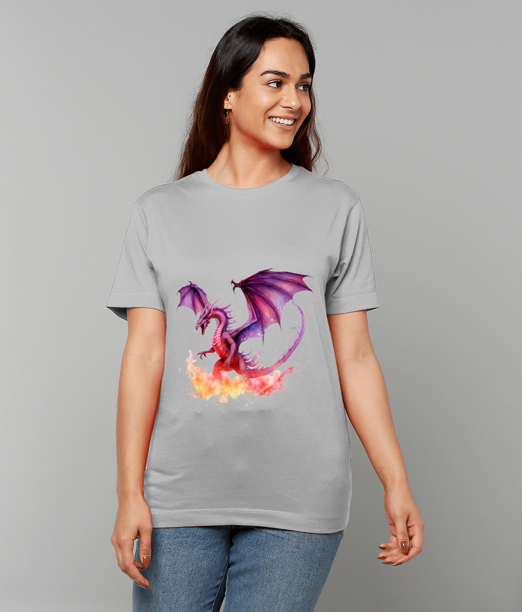 Purple dragon rears and spreads wings above flames printed on a gray t-shirt worn by a smiling woman against a plain light gray backdrop.