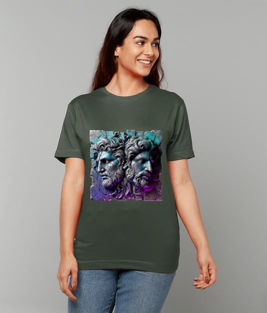 Person wearing an olive green T-shirt showing a cracked stone relief of two bearded classical heads facing opposite directions in teal and purple hues, standing against a plain gray backdrop.