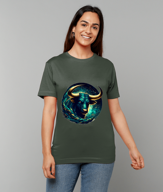 Stylized blue bull head graphic printed on an olive T-shirt worn by a smiling woman standing against a plain light gray background.