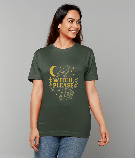 T-shirt displays a gold crescent moon, crow, stars, tarot cards, crystal and the text "WITCH, PLEASE," worn by a smiling woman standing against a neutral gray background.