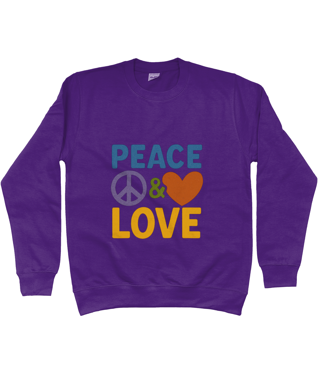 Purple sweatshirt displays PEACE & LOVE text with a peace symbol and heart centered on the front against a plain white background.