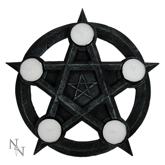 Pentagram-shaped candle holder holds five white tealight candles against a white background; small logo "N†N" appears in the lower-left.