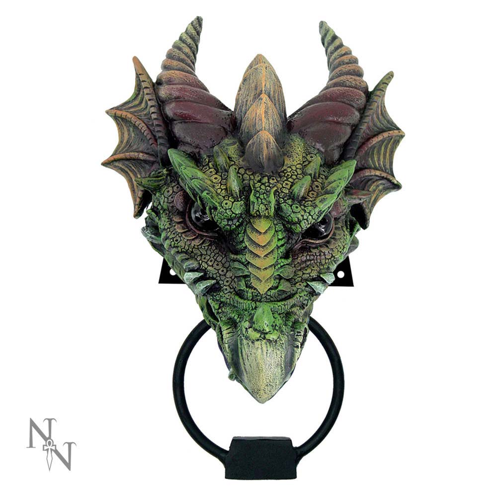 A dragon's head functions as a door knocker, mounted on a dark metal ring against a white background.