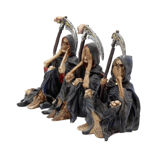 Three seated hooded skeleton figures hold scythes while covering ears, eyes, and mouth respectively, posed as hear no evil, see no evil, speak no evil against a plain white background.
