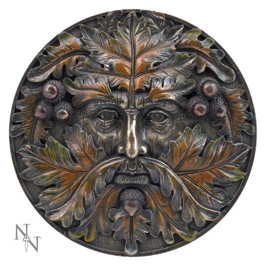 Round Autumn Equinox Green Man plaque with oak-leaf face, acorns and bronze-toned highlights