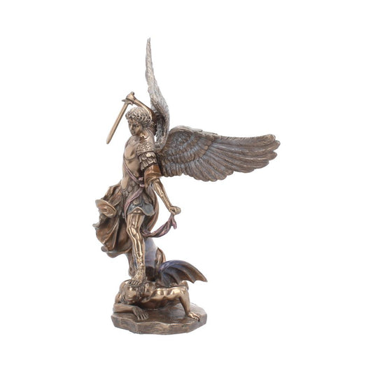 A bronze statue of Michael the Archangel stands with his foot on a demon, holding a sword aloft. He's against a plain white background.