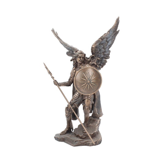 A bronze-colored angel statue stands, holding a shield and spear, upon a rocky base labeled "RAPHAEL", set against a white background.