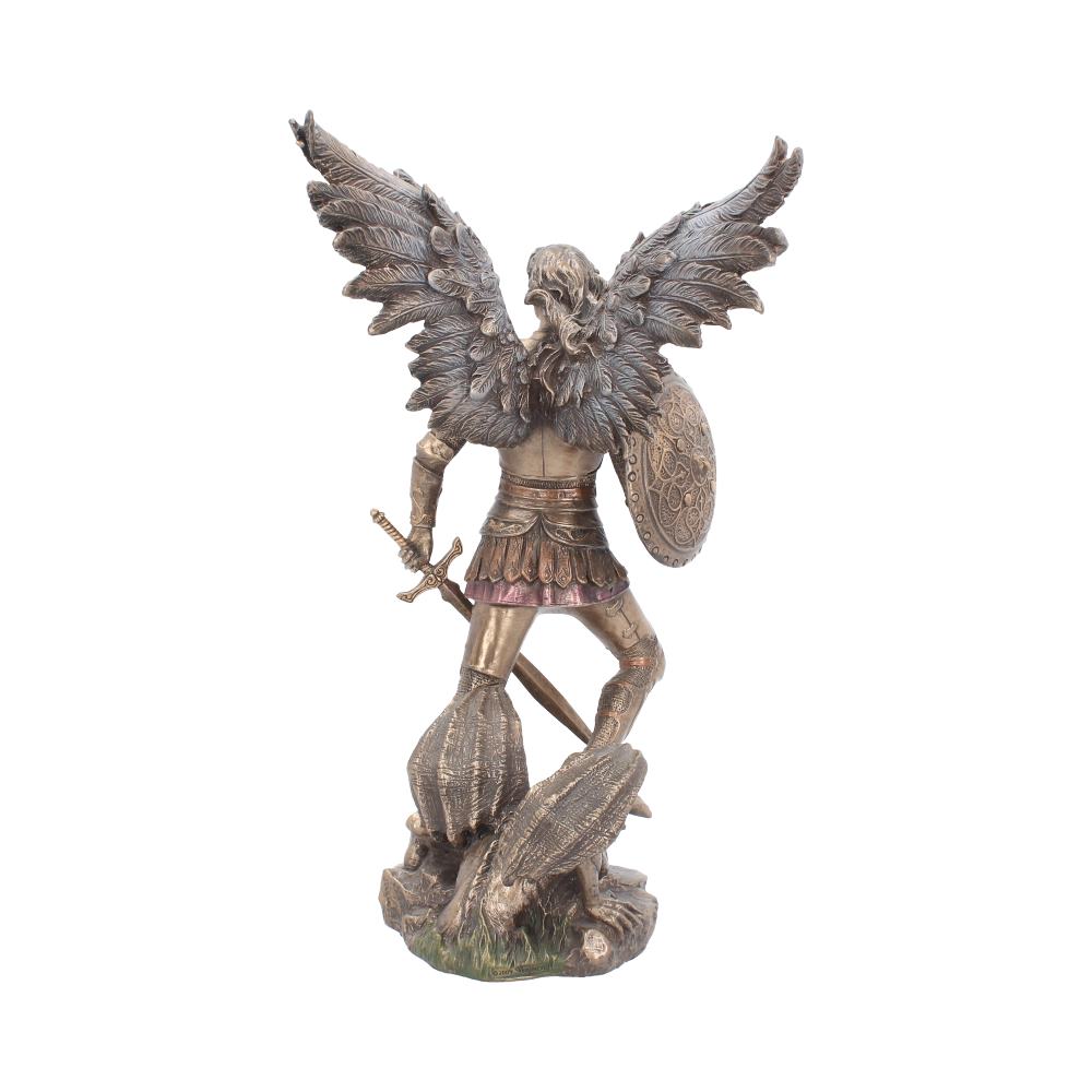 Winged, bronze-like statue of warrior wielding a sword and shield stands over fallen monsters, on a white background.