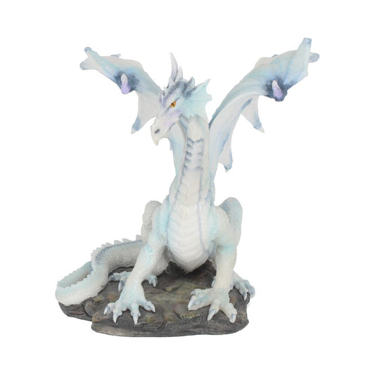 A white dragon figurine sits regally on a rocky base, wings partially extended, against a plain white background. The dragon has blue accents and a stoic expression.