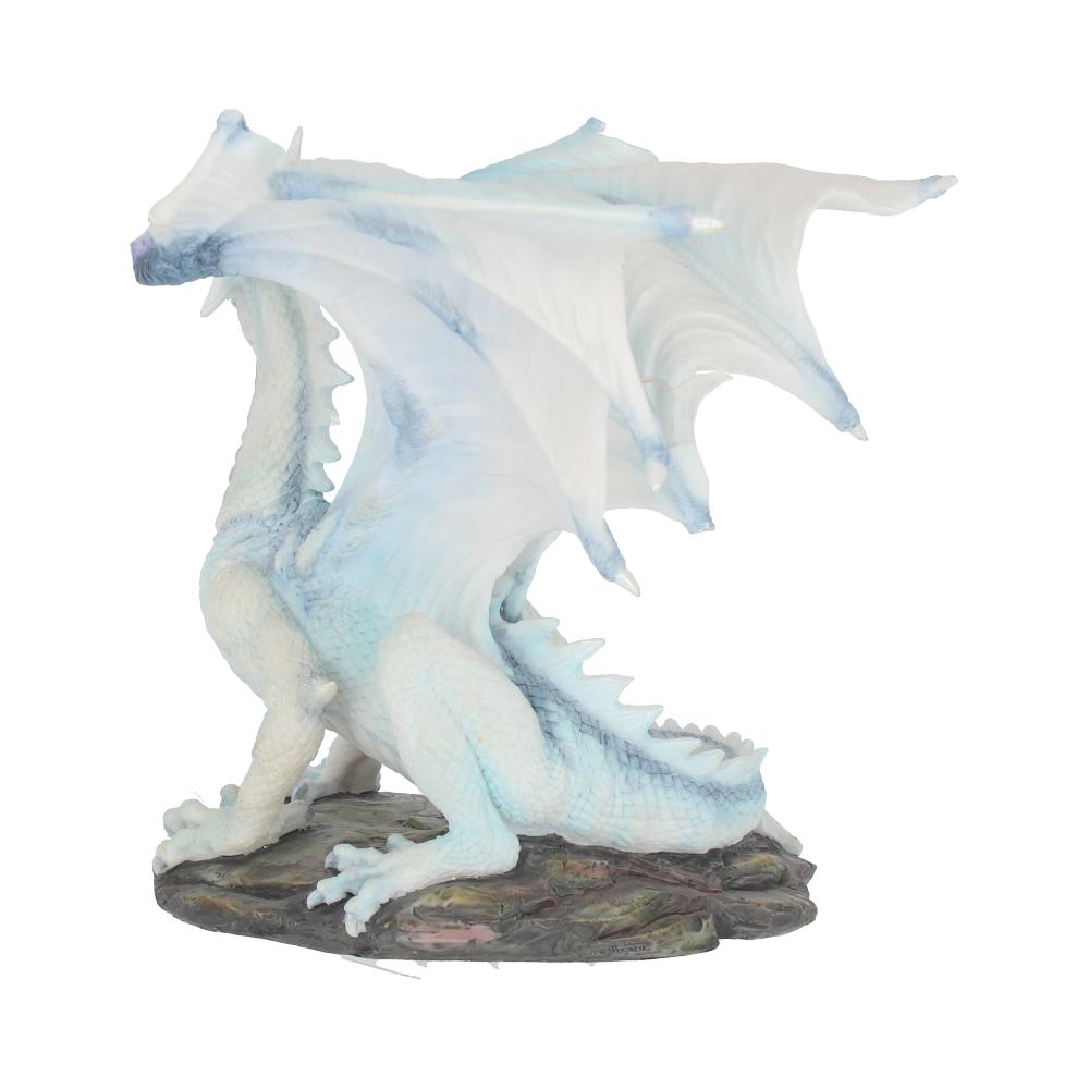 A detailed, sitting ice-blue dragon figurine showcases its translucent wings, positioned on a textured, rock-like base, against a plain white background.