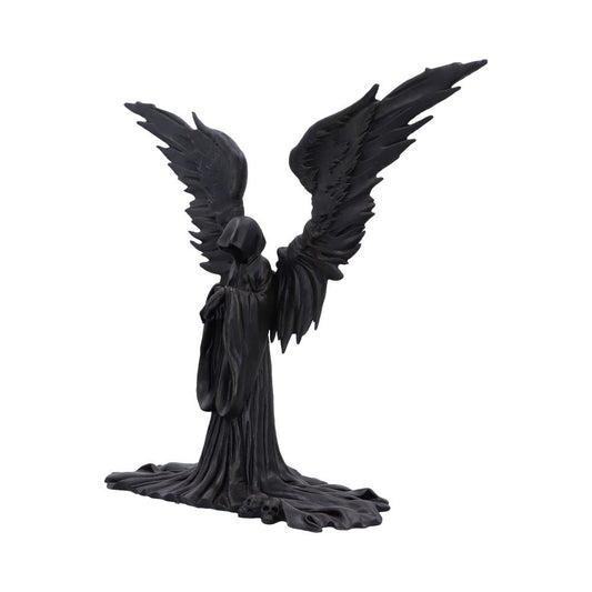 A dark, winged figure with a hooded face stands with wings spread. Several skulls surround its base, all set against a plain white background.