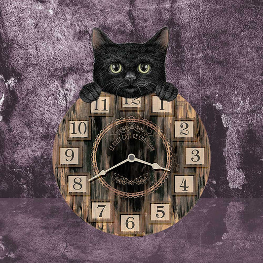 A black cat looks over the top of a wooden clock, with the inscription, “LE PETIT CAFÉ DE CHAT NOIR”, against a textured purple backdrop.