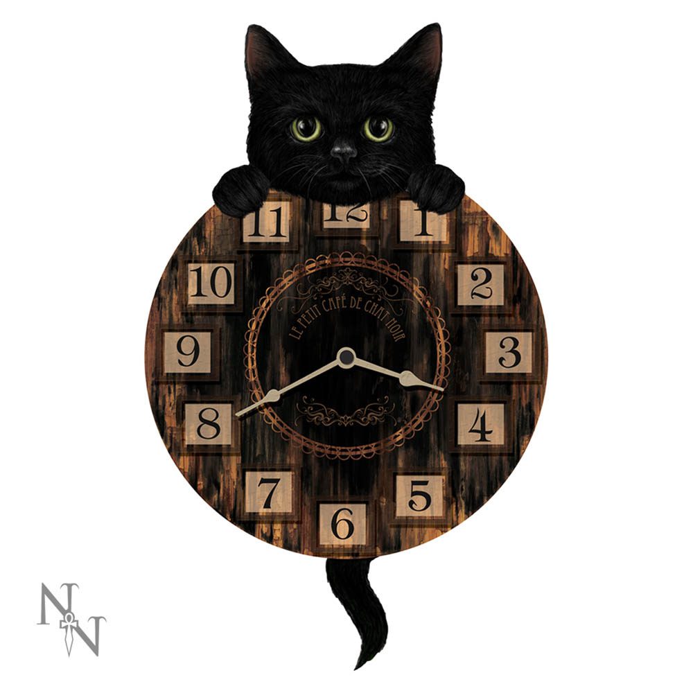A black cat peeks over a clock with numbered squares and a tail pendulum, against a white background. "LE PETIT CAFE DE CHAT NOIR" is written inside.