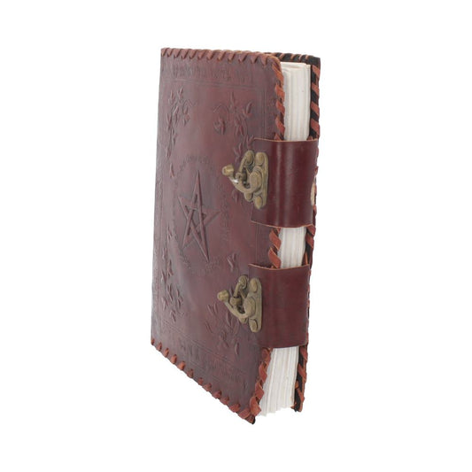 A closed, dark brown leather-bound journal, embossed with a pentagram and floral design, stands against a white background. It is bound with braided leather and fastened with two brass clasps.