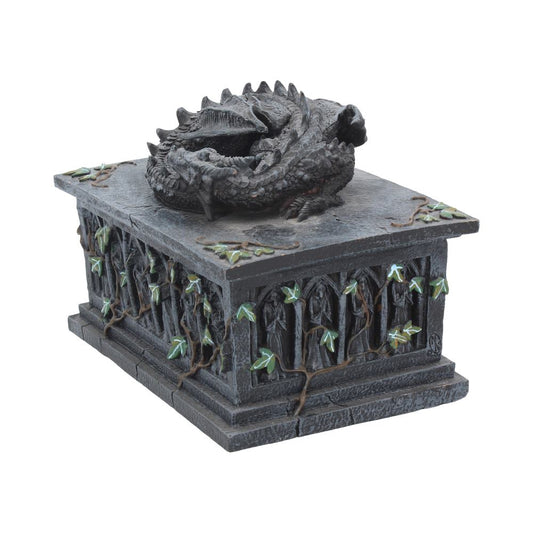 A detailed dragon sculpture rests atop a stone-like rectangular box, adorned with leaf-covered vines. The box features arched designs and resembles a mystical relic.