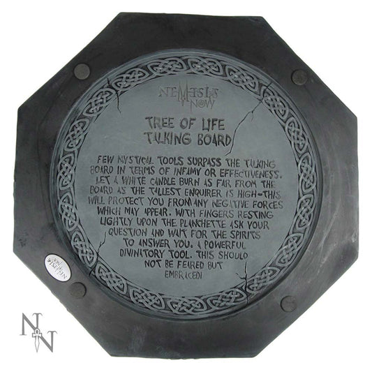 A round, ornately bordered "Tree of Life Talking Board" details spiritual usage instructions: "Let a white candle burn... ask your question... wait for the spirits." Emphasizes protection, divination, and acceptance.