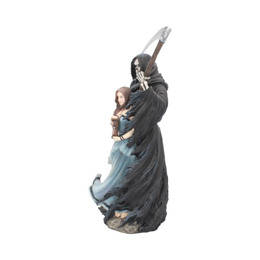 Figurine: Death, in a black robe and carrying a scythe, hugs a young woman holding an hourglass. They stand together on a rocky base.