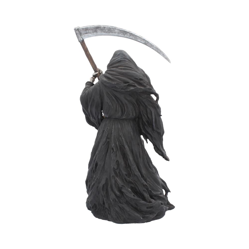 A cloaked figure, viewed from behind, holds a scythe over its shoulder, against a white background.