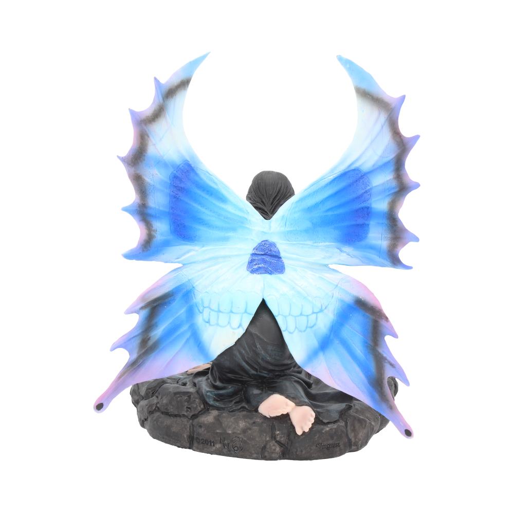 A fairy with large, blue butterfly wings sits on a dark, rocky surface. Visible text includes "©2011" and "Veronese."