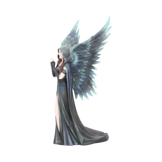 A winged fairy statuette in a hooded gown is standing, her hands together near her face. The figure and its wings are blue and black, and the background is a plain white.