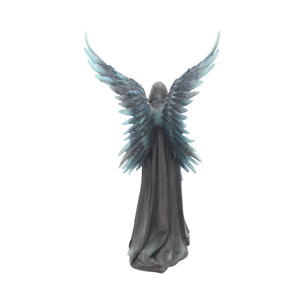 A hooded figure stands still, facing away, with large, blue-tinged wings extended. The figure wears a flowing dark cloak, isolated against a white backdrop.