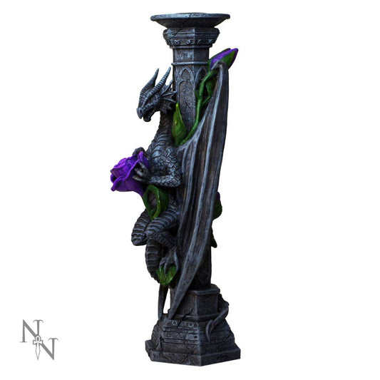 Stone dragon statue clutching a purple rose and coiling around a carved Gothic column in a white studio background, small stylized logo "N N" at lower left.