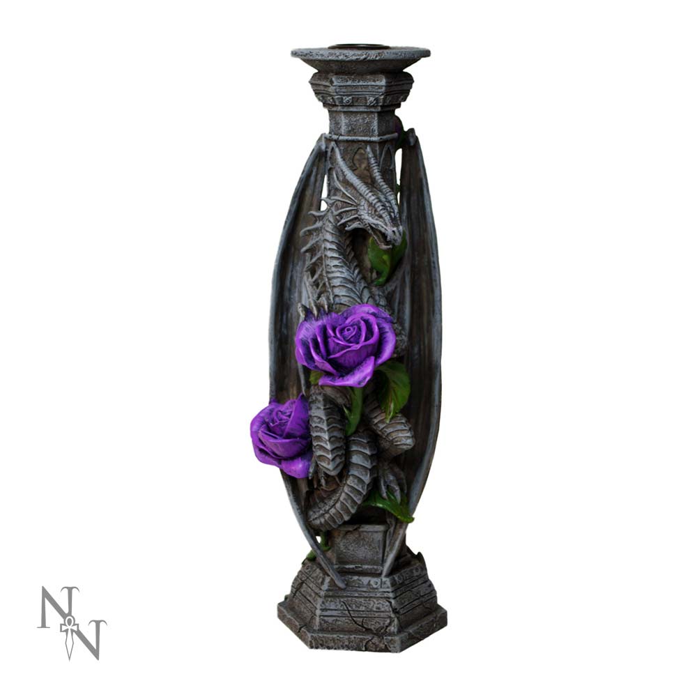 A gray stone-like candle holder features a dragon wrapping around it, with two purple roses intertwined with the dragon's body, against a plain white background.