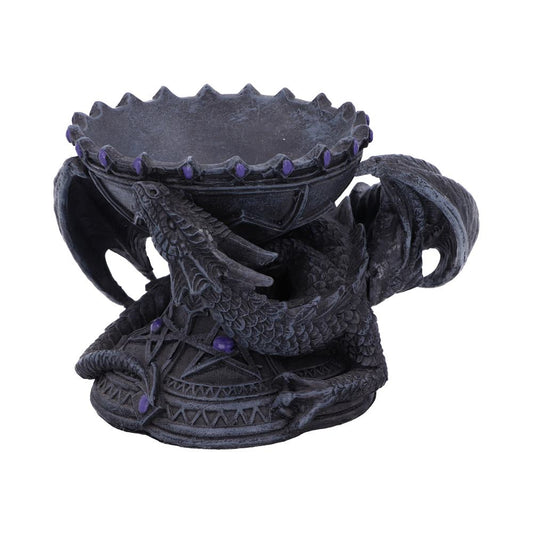 A dragon figure coils around and supports a bowl with purple gems on a white background.