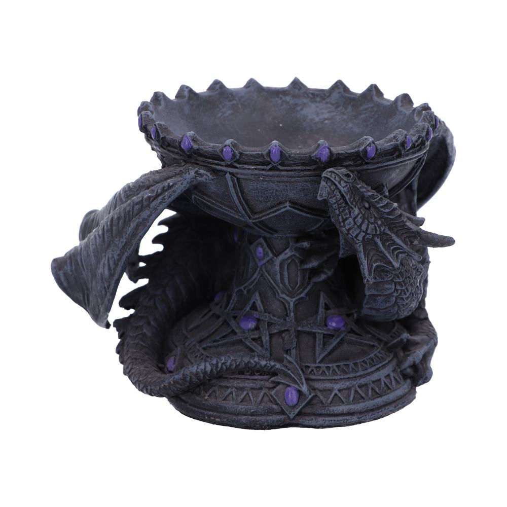 A dragon figurine curls protectively around a bowl-shaped pedestal, wings and head framing the sides. The pedestal features decorative carvings and purple gem accents, against a stark white background.
