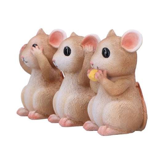 Three small mouse figurines sit in a row: one covering its eyes, one covering its ears, and one nibbling a piece of yellow cheese against a plain white background.