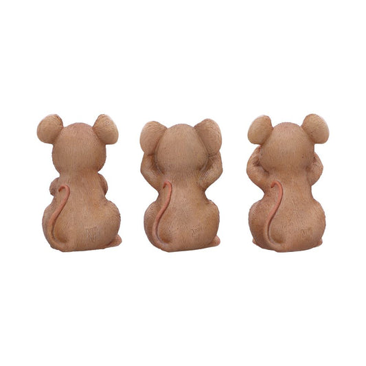 Three small brown mouse figurines sit facing away on white background, left with paws down, center with paws over ears, right with paws near face, each stamped 'N°' on base.