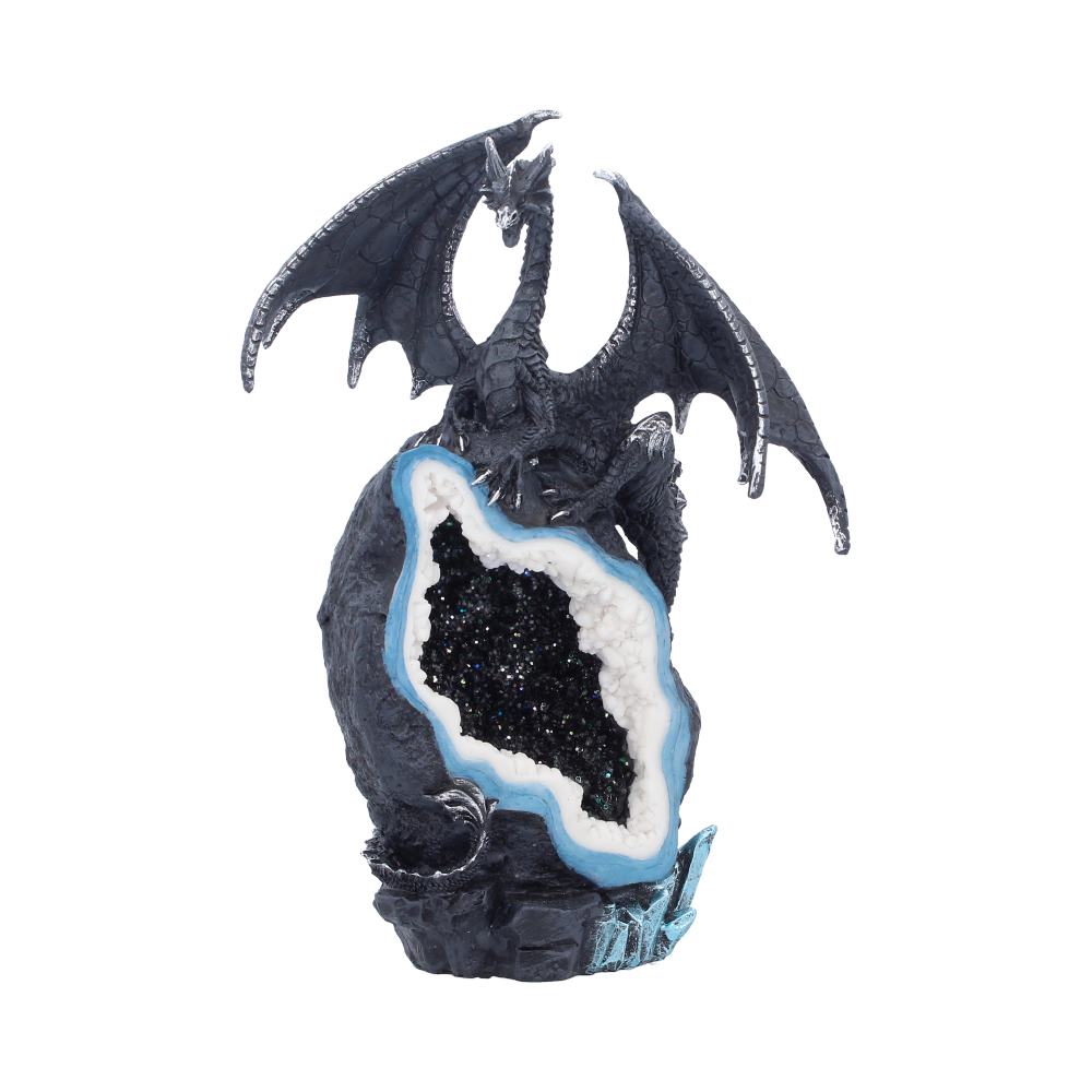 Opposite front angle of the black dragon guarding the geode-style opening
