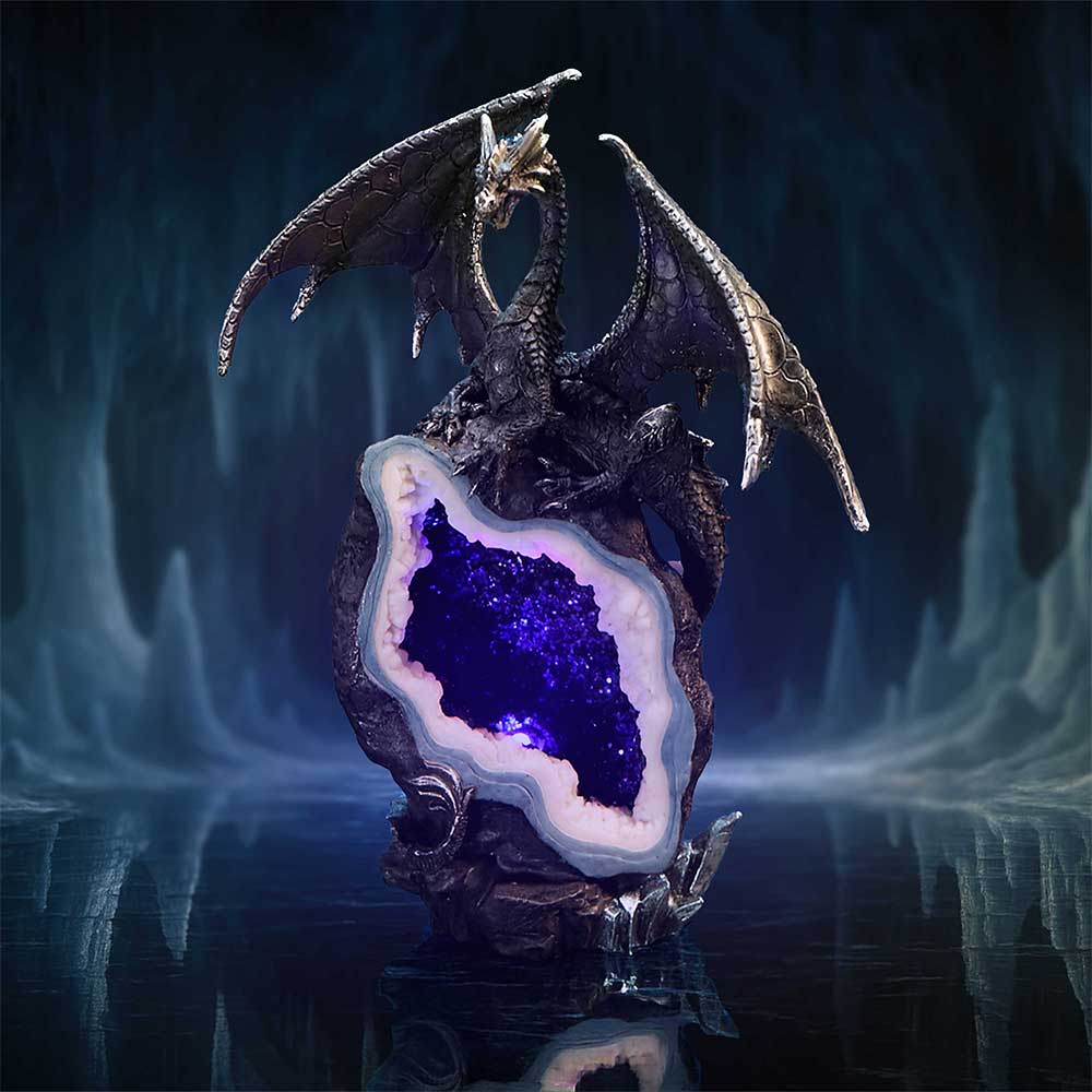 Midnight Custodian illuminated purple inside the geode-style opening on a fantasy background