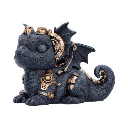 Gearling Black Steampunk Dragon Figurine - side showing curled tail and mechanical fittings