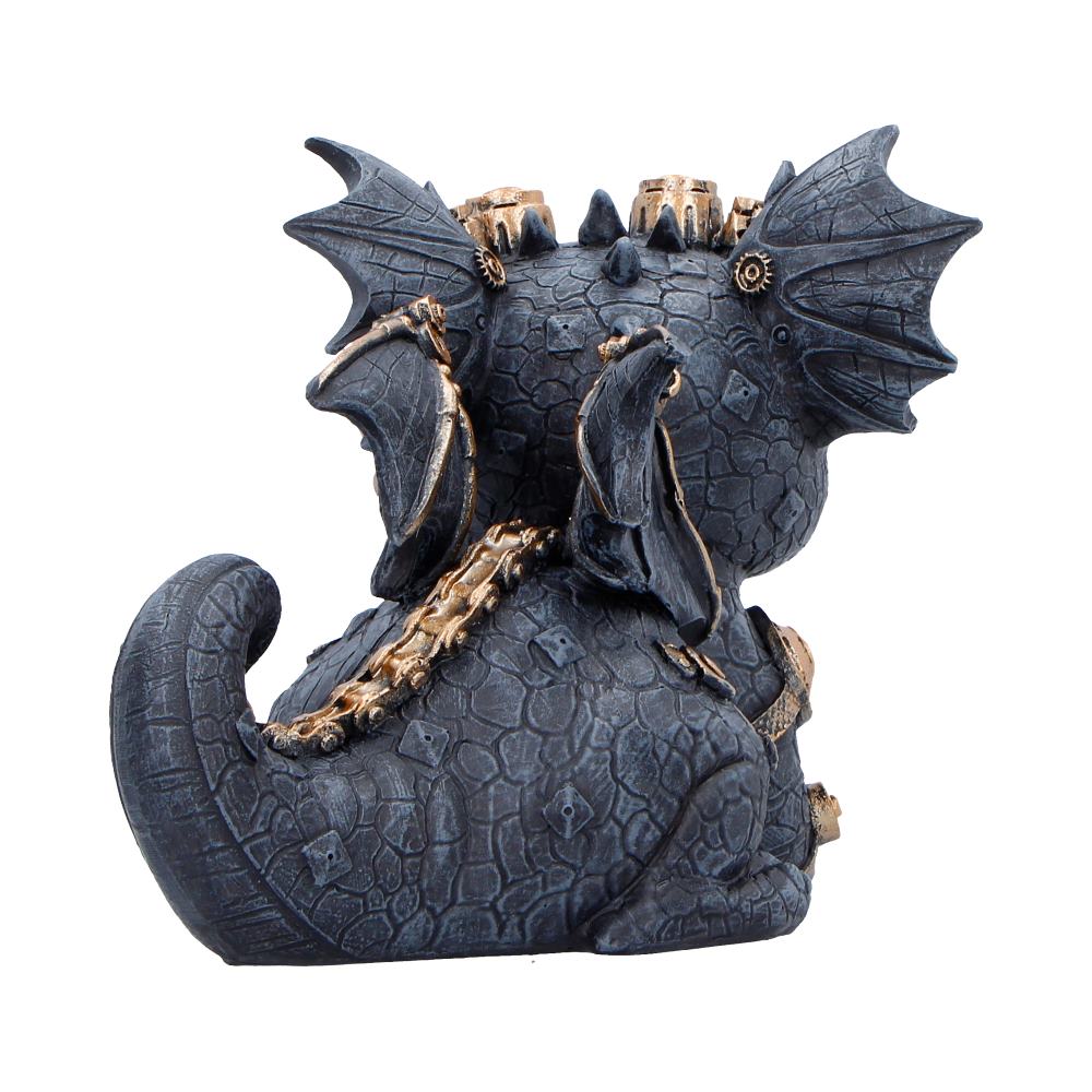 Gearling Black Steampunk Dragon Figurine - rear with wings, spine fittings and curled tail